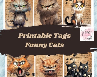 May include: Printable tags featuring six different illustrations of cats with funny expressions. The tags have a vintage, distressed paper background with paw prints.
