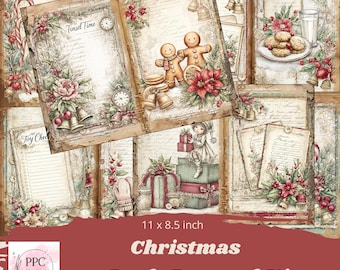 May include: A Christmas Junk Journal Kit with a vintage aesthetic. The kit includes pages with festive illustrations of gingerbread men, poinsettias, and bells. The pages measure 11 x 8.5 inches.