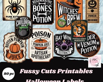 May include: A selection of Halloween labels with a vintage aesthetic. The labels feature illustrations of pumpkins, spiders, potions, and witch-related imagery. Text includes "Spider Venom," "Witches Brew," and "Pumpkin Juice." The set includes 80 pieces.