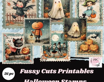 May include: A selection of Halloween-themed fussy cut printables. The images feature vintage-style illustrations of ghosts, pumpkins, a witch, a black cat, and a bat-winged character. The text "Fussy Cuts Printables" and "Halloween Stamps" are also visible.