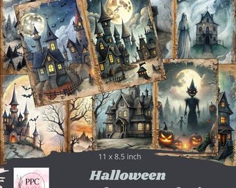 May include: A Halloween Junk Journal Kit with watercolour illustrations of haunted castles, full moons, and ghostly figures. The kit includes multiple 27.9 x 21.6 cm pages with a vintage, aged paper aesthetic, ideal for crafting.