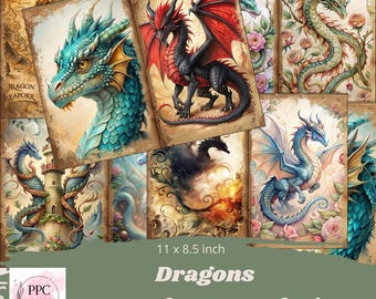 Dragon junk journal kit printable, Dragon junk journal, Dragon journal, printable dragon ephemera, junk journal supplies