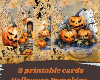 May include: A collection of printable cards featuring Halloween pumpkins, spider webs, and dark ink splatters on a vintage-style parchment background. The text 8 printable cards Halloween Pumpkins is displayed in orange at the bottom of the image.