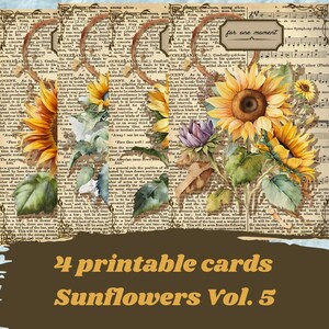 Cards sunflowers vintage printable Vol. 5, junk journaling cards, scrapbooking, digital paper, INSTANT DOWNLOAD, paper junk journal