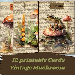 Cards vintage mushrooms for scrapbooking printable, junk journaling cards, card making, INSTANT DOWNLOAD, ephemera mushrooms
