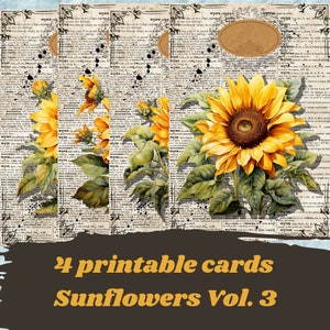 Vintage sunflowers cards printables, digital cards for junk journal and scrapbooking, card making, sunflowers ephemera, ephemera to print