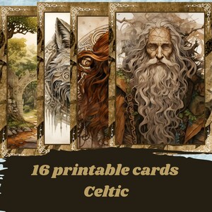 Puede incluir: Conjunto de 16 cartas celtas imprimibles con ilustraciones de un lobo, una mujer con el pelo largo y rojo, una escena de bosque y un hombre barbudo con una larga barba blanca.