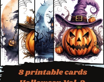 May include: Set of eight printable Halloween cards featuring watercolor illustrations. The cards showcase spooky scenes with pumpkins, witches, haunted houses, and bats. The text "Halloween Vol. 2" is displayed on a black background.