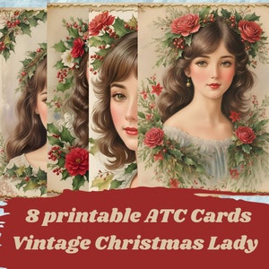 ATC Vrouwen Vintage Kerstkaarten, Digitale ATC-kaarten voor Junk Journaling en Scrapbooking, Afdrukbare Kerst Ephemera,