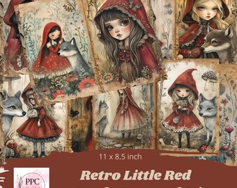 May include: A junk journal kit featuring vintage-style illustrations of Little Red Riding Hood with a wolf. The kit includes six 11 x 8.5 inch paper sheets with images of a girl in a red hooded cloak, a wolf, and forest scenes. The kit is perfect for creating a unique and personalised journal.