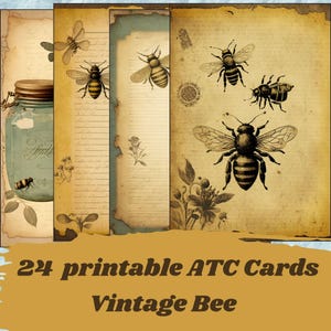 Vintage bee ATC cards for junk journal, Bee ephemera printable, digital scrapbooking paper, Junk journal supplies