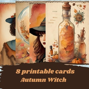 Printable vintage fall witch cards, junk journal cards, digital cards, digital paper, printable autumn ephemera, scrapbooking cards