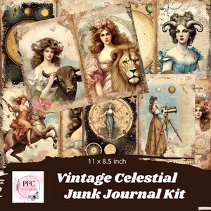 Celestial junk journal kit, zodiac junk journal kit, vintage astrology junk journal kit, vintage ephemera, supplies for junk journals