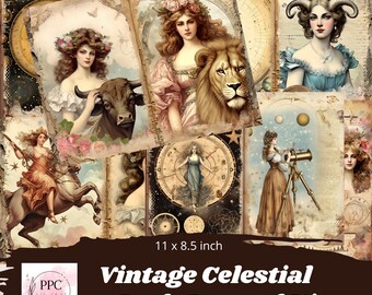 Celestial junk journal kit, zodiac junk journal kit, vintage astrology junk journal kit, vintage ephemera, supplies for junk journals