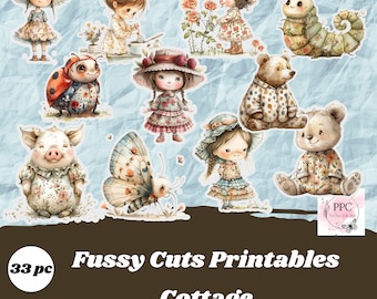 May include: A set of 33 printable fussy cuts featuring cottagecore illustrations. The illustrations include a ladybug, a butterfly, a caterpillar, a pig, a bear, a girl with a pumpkin on her head, a girl with a flower crown, a girl with a red hat, and a girl with a blue hat. The illustrations are all in a whimsical style with floral patterns and pastel colours.