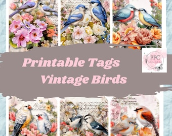 Etiquetas aves imprimibles, efímera para diario basura, álbum de recortes, manualidades de papel