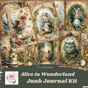 Alice in wonderland junk journal kit, junk journal supplies, Digital download, printable journal, Alice in wonderland junk journal