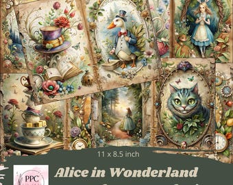 Alice in wonderland junk journal kit, junk journal supplies, Digital download, printable journal, Alice in wonderland junk journal