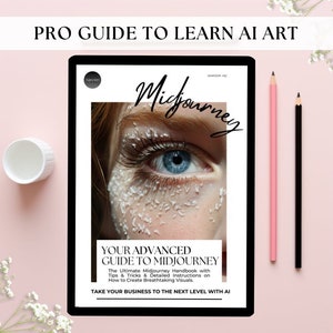 Op de afbeelding: Een digitale gids voor het leren van AI-kunst met behulp van Midjourney. De omslag toont een close-up van een oog met een blauwe iris en witte glitter op het ooglid. De tekst "YOUR ADVANCED GUIDE TO MIDJOURNEY" wordt weergegeven in zwarte tekst op een witte achtergrond.