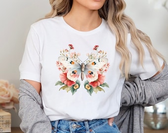 Schmetterling-Blumen-Shirt, Schmetterling-T-Shirt, Schmetterling-Grafik-Shirt, Blumen-Geschenk-T-Shirt, botanisches T-Shirt, Schmetterling-Geschenk, Motten-Shirt