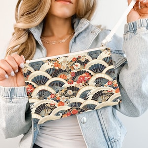Japanese Sakura Fan Clutch Bag, Elegant Purse, Printed Clutch, Clutch Handbags, Faux Leather Bag, Sakura Japanese Pouch, Cosmetic Bag