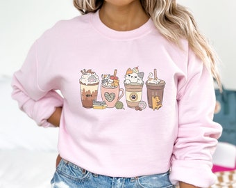 Sweatshirt Cute Coffee Cats for Women, Cat Lover, Sweater Aesthetics Kawaii Cute Graphic Tee, Animal Lover, Sweet Coffee Lovers Gift