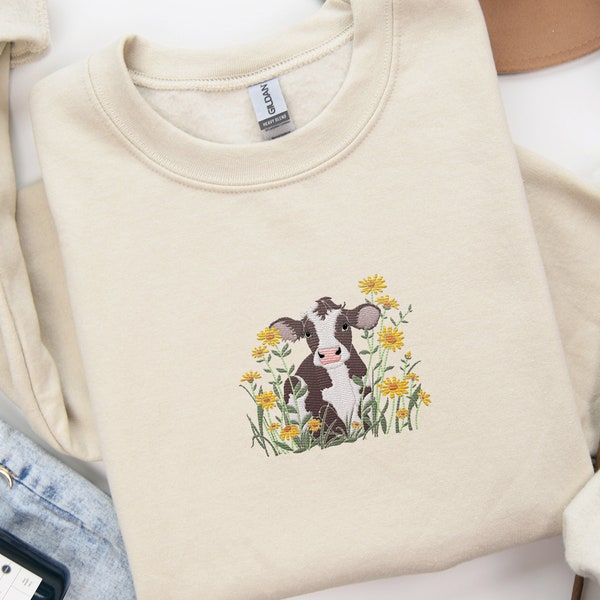Embroidered cow sweatshirt, whimsical sweater, farm animal embroidery, floral embroidery, cottagecore sweater,embroidered wildflower sweater