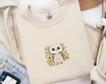 Embroidered Owl sweatshirt, owl sweatshirt, owl embroidery, floral embroidery, owl and flowers sweatshirt, floral sweater, owl sweater