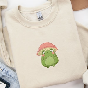 Gesticktes Frosch-Sweatshirt, Frosch-Sweatshirt, Cottagecore, Kawaii-Sweatshirt, süßes Pilz-Sweatshirt, Forestcore-Sweatshirt, Frosch-Stickerei