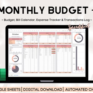 Monthly Budget Spreadsheet, Google Sheets Monthly Budget Planner, Bill Calendar, Expense Tracker, Transactions Log, Digital Budget Planner