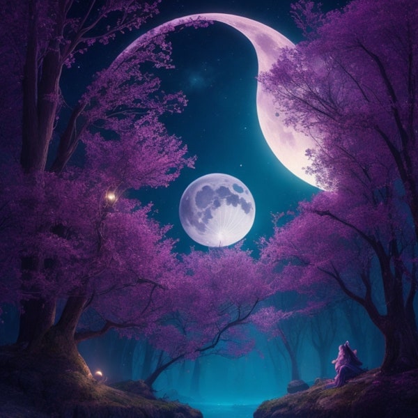 Abstract Moonlight Art, Galaxy Moon Painting, Dreamscape night,  Dreamlike print art, Ethereal Moonlight, Mystical blue moon tree Scenery