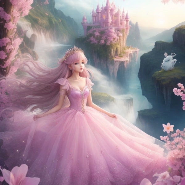 Pink Winged Fairy art, Ethereal princess, Imagination world fairy, Glowing Pink Fairy Painting, watercolor heaven, Fairytale cute dress