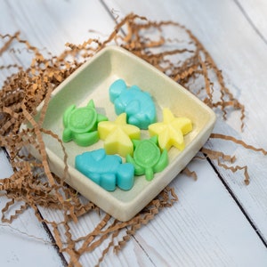May include: A small ceramic dish filled with colorful, handmade soap shaped like sea creatures and starfish. The soap is in shades of green, blue, and yellow.