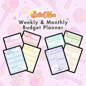 Planificador de presupuesto digital mensual y semanal con diseños kawaii, tamaño A4, A5, carta de EE. UU., imprimible, con diseño minimalista de exploradores de anime