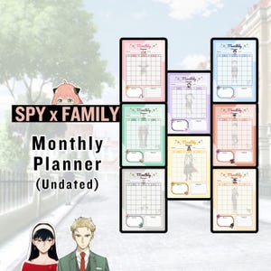 Planificador mensual digital sin fecha de la serie de anime de éxito Kawaii Family of Spy / Plantilla digital imprimible con diseños coloridos y lindos en tamaño A4, A5 y carta de EE. UU.
