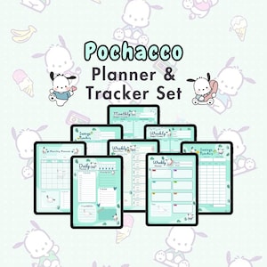 Planificador y conjunto de seguimiento digital con perro curioso y torpe con orejas caídas / Plantilla de planificador imprimible en tamaño A4, A5, carta de EE. UU. con diseños kawaii en azul y verde
