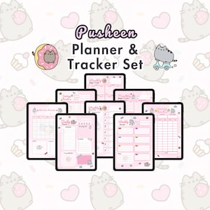Lindo y adorable juego de planificador y seguimiento de gatito gris / Diseños de colores kawaii, tamaño carta A4 A5, plantilla de planificador digital imprimible