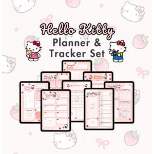Planificador y conjunto de seguimiento digital de Hello Kitty: diseños en colores pastel rojo kawaii, plantilla de planificador imprimible tamaño carta A4 A5 de EE. UU.