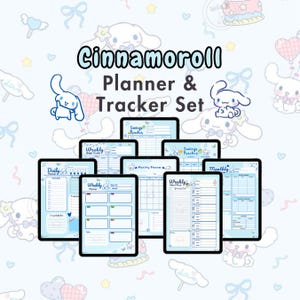 Planificador y conjunto de seguimiento digital con diseño de cachorro blanco y canela y mejillas regordetas / Plantilla de planificador imprimible en tamaño carta de EE. UU., A4 y A5 con diseños Kawaii azules