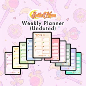 Planificador semanal digital sin fecha con diseño minimalista de exploradores de anime. Plantilla de planificador digital imprimible en tamaño carta de EE. UU., A4 y A5. Diseños kawaii