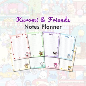 Páginas de planificador de notas digitales sin fecha con personajes ficticios adorables y lindos / Notas rayadas kawaii para tomar notas, tamaño carta A4 A5 imprimible