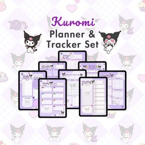 Conjunto de planejador e rastreador de coelho branco fofo e adorável / Designs de cores kawaii roxo A4 A5 tamanho carta dos EUA modelo de planejador digital para impressão