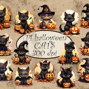 May include: A collection of 14 Halloween-themed cat illustrations. Each cat is black and depicted with pumpkins, autumn leaves, and some wearing witch hats. The text "14 Halloween CATS 300 dpi" is also present.