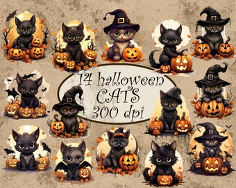 Halloween schwarze Katze Clipart: Gruseliges Kätzchen PNG Grafik (digitaler Download)