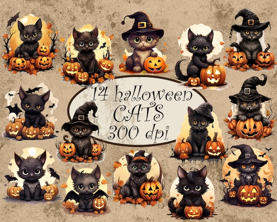 Halloween Black Cat Clipart: Spooky Kitten PNG Graphics (Digital Download)