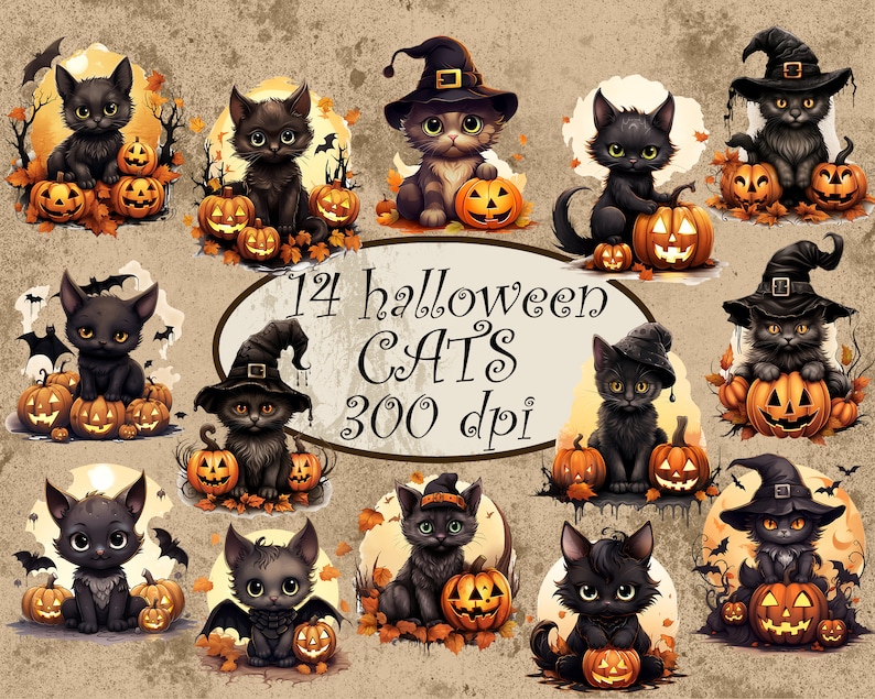 May include: A collection of 14 Halloween-themed cat illustrations. Each cat is black and depicted with pumpkins, autumn leaves, and some wearing witch hats. The text "14 Halloween CATS 300 dpi" is also present.