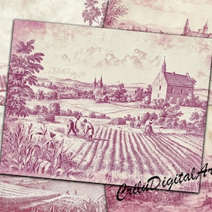Carta da giornale Toile De Jouy rosa, kit album di ritagli Toile francese, documenti effimeri di giornale spazzatura digitale