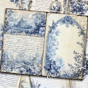Vintage Toile De Jouy Basic Junk Journal imprimable, intercalaire de journal en toile française, kits numériques quelque chose de bleu, papiers de scrapbooking en toile