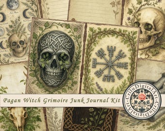 May include: A collection of vintage-style journal pages with a pagan theme. The pages feature illustrations of skulls, Celtic knots, and botanical elements. The text "Pagan Witch Grimoire Junk Journal Kit" is visible.