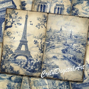 Diario vintage Toile De Jouy stampabile, inserto per diario d'arte parigino, download digitali di Parigi, carte per album Toile
